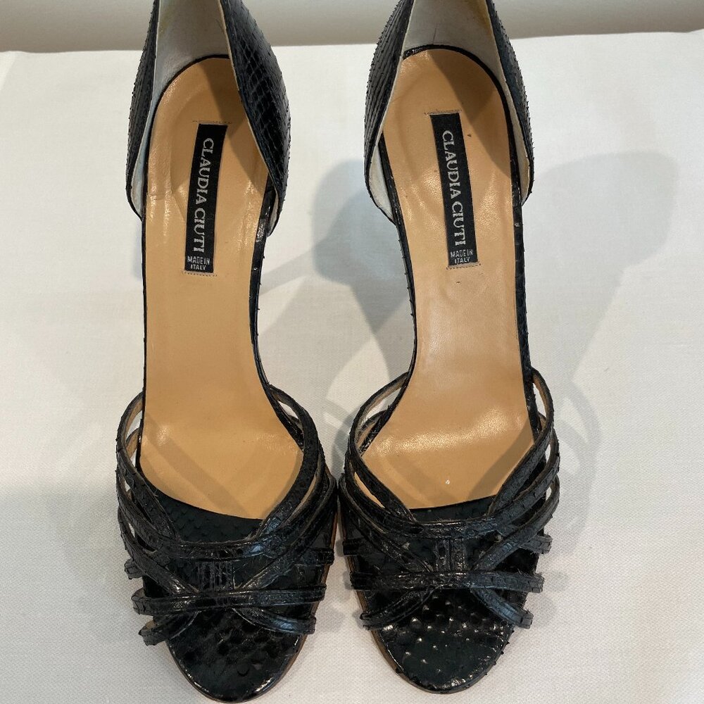 New Claudia Ciuti Black Snakeskin Open Toe Dorsay Pumps